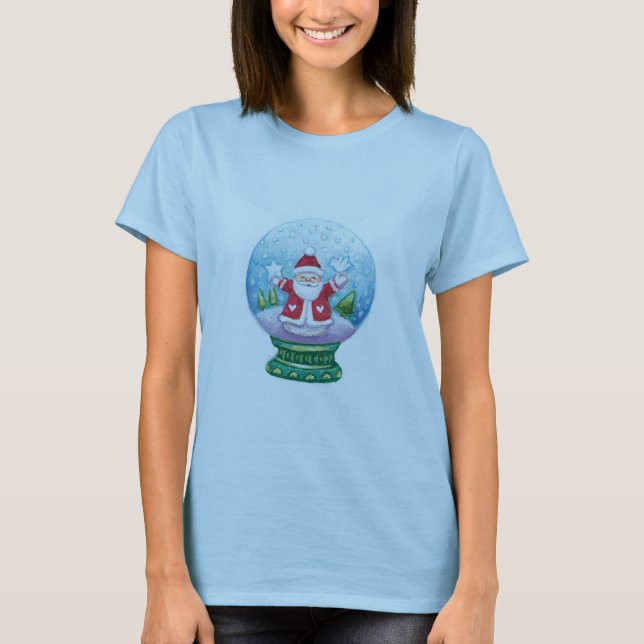 T-shirt Joli Noël Snowglobe Père Noël, Étoile, Oiseau (Devant)