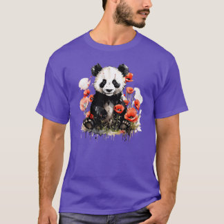 T-shirt Joli panda coloré dans un champ de fleurs sauvages