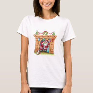 T-shirt Joli Père Noël de dessin animé descendant la chemi