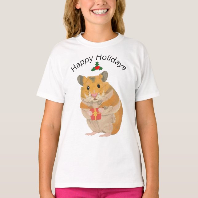 T-shirt Joli petit Hamster de Noël tenant un cadeau (Devant)