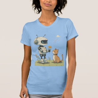 T-shirt Joli Robot Offrant une Fleur à un Chat, une Illust
