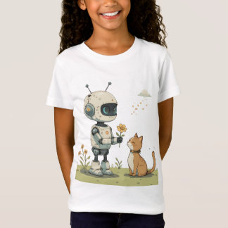 T-Shirt Joli Robot Offrant une Fleur à un Chat, une Illust