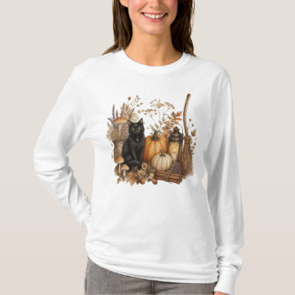 T-shirt Jolie Citrouille Florale d'Automne Chat de Hallowe