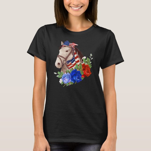 T-shirt Jolie Cravate Bow Cheval Fleurs Drapeau Américain (Devant)