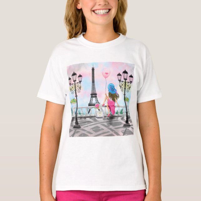 T-shirt Jolie dame au ballon de coeur rose - I Love Paris (Devant)