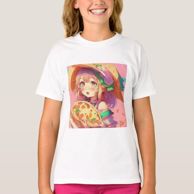 T-shirt Jolie fille Anime tenant une pizza (Devant)