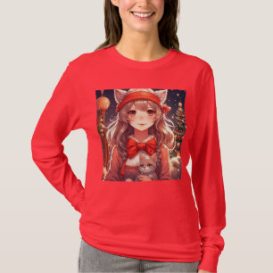 T-shirt Jolie fille d'anime tenant un chaton Noël