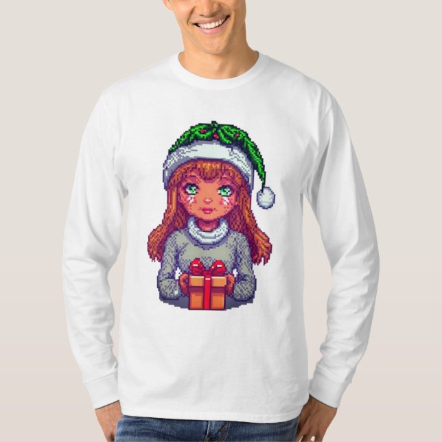 T-shirt Jolie fille de Noël pixel art (Devant)