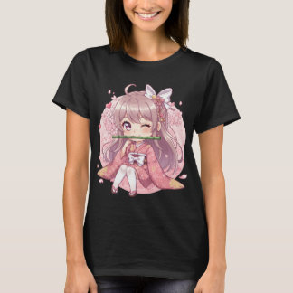 T-shirt Jolie Fille Kawaii Chibi en Kimono Rose avec Ceris