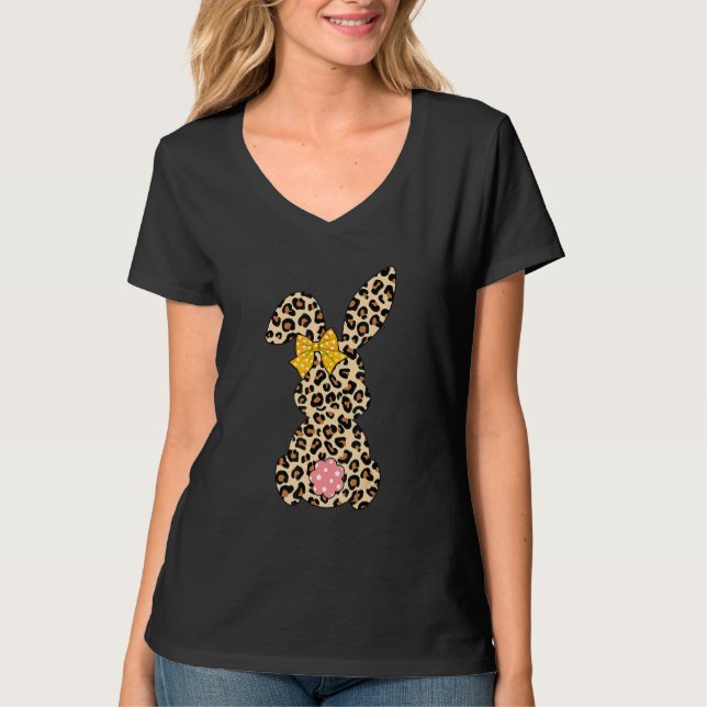 T-shirt Jolie Lapin Lapin Leopard Bow Cravate Joyeux Pâque (Devant)