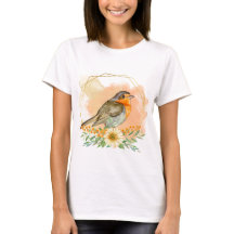 Jolie Robin à l'aquarelle et fleurs sauvages 