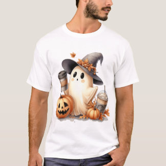 T-shirt Jolie sorcière fantôme à l'aquarelle avec café et