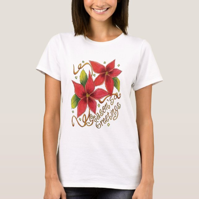 T-shirt Jolies Bonnes Fêtes de Noël avec Poinsettias (Devant)