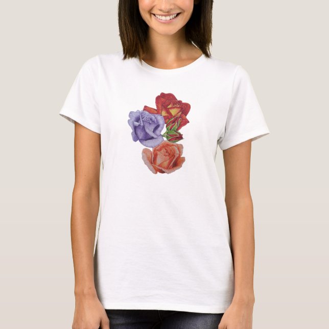 T-shirt jolies fleurs roses rouges et bourgeons roses fleu (Devant)