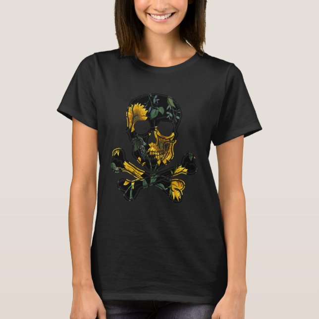 T-shirt Jolly Roger Pirate Yellow Sunflower Pattern Floral (Devant)