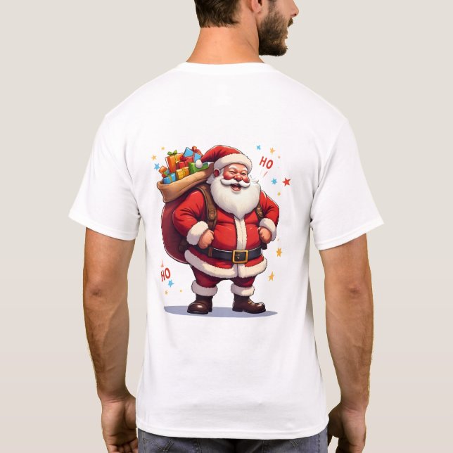 T-shirt Jolly Santa Claus Laughing Ho Ho Ho with Big Bag  (Dos)