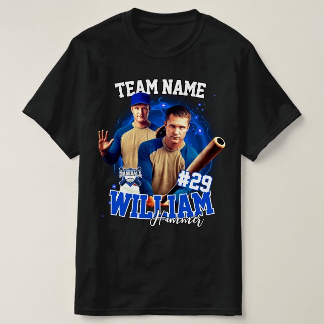 T-shirt Joueur de baseball personnalisé photo noir bleu (Design devant)