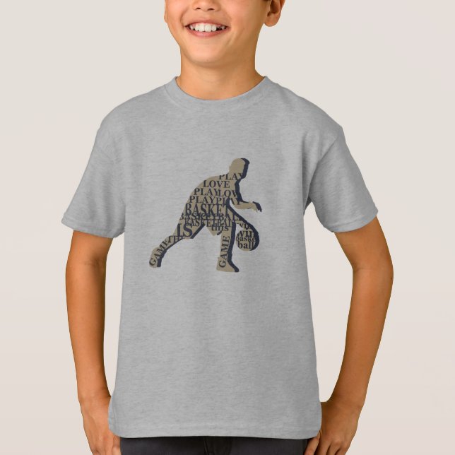 T-shirt joueur de basketball dribant avec texte intégral d (Devant)