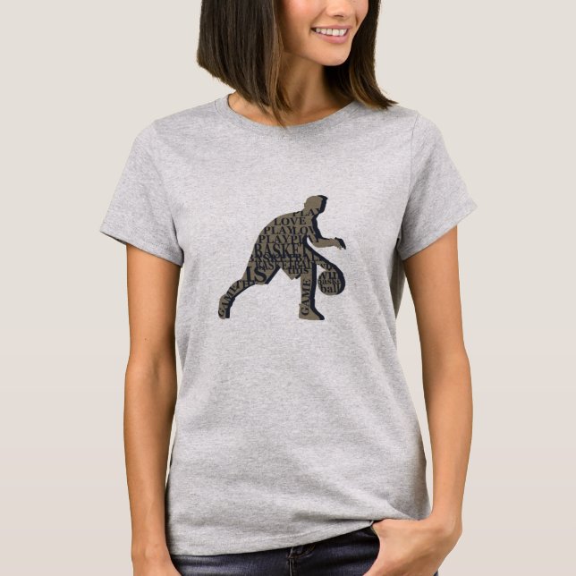 T-shirt joueur de basketball dribant avec texte intégral d (Devant)