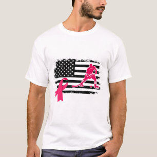 T-shirt Joueur de hockey Ruban rose Drapeau américain Canc