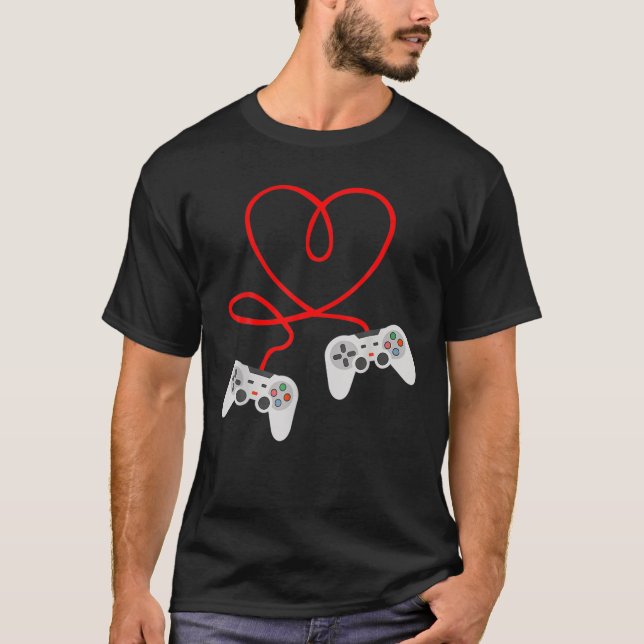 T-shirt Joueur Vidéo Valentines Jour Avec Contrôleurs Coeu (Devant)