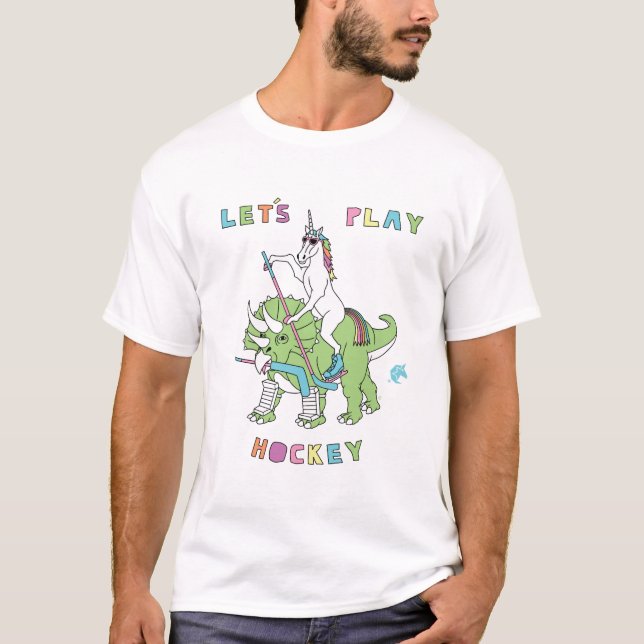 T-shirt Jouons le dinosaure d'équitation de licorne (Devant)