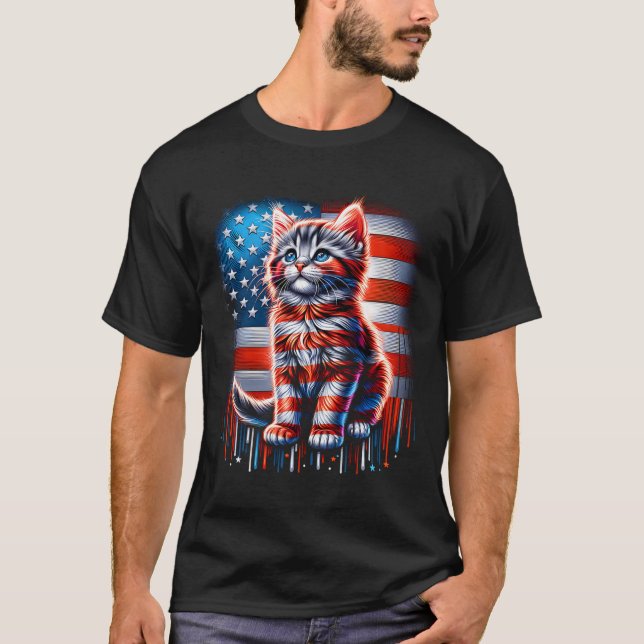 T-shirt Jour commémoratif 4 juillet Cat Usa Drapeau Cute K (Devant)