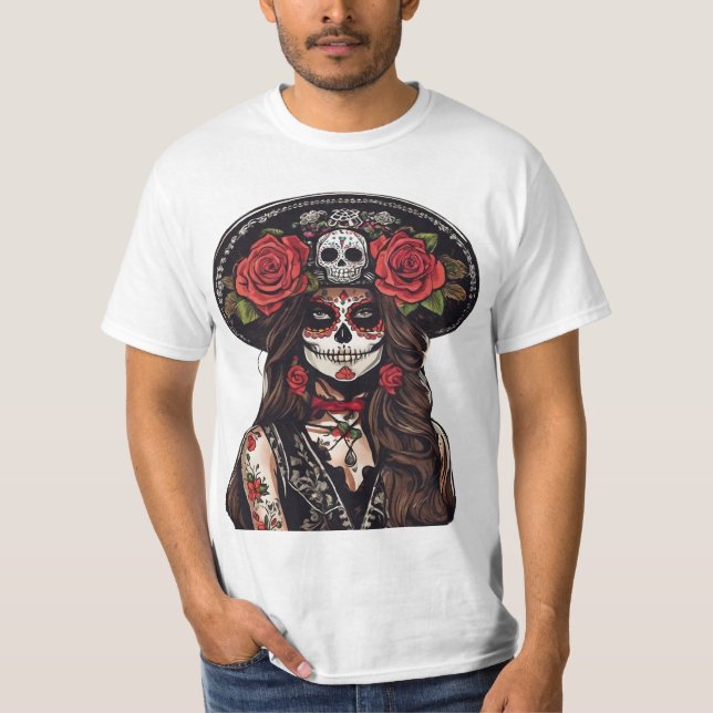 T-shirt Jour de la Catrina morte avec des Roses (Devant)