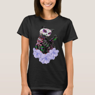 T-shirt Jour De La Morte Crâne Sugar Chat Fleurs pourpres