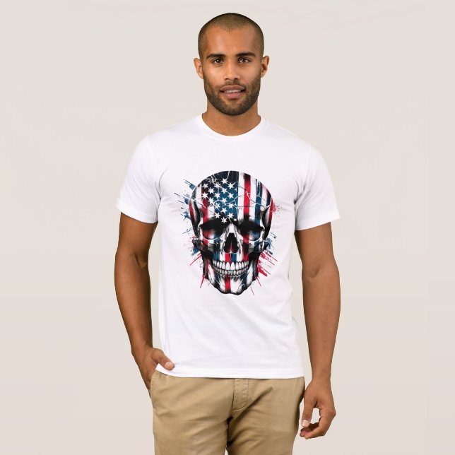 T-shirt Jour de l'indépendance du crâne du drapeau américa (Devant entier)