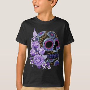 T-shirt Jour noir floral pourpre de crâne de sucre des
