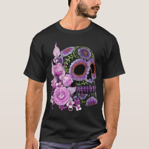T-shirt Jour noir floral rose de crâne de sucre des morts