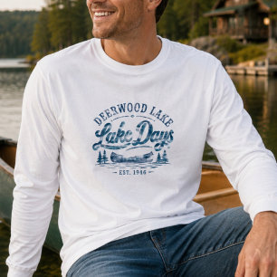 T-shirt Jours de lac vintage bleu rustique cerf-bois Canoë