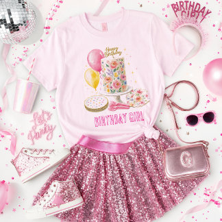 T-shirt Joyeuse Fille D'anniversaire Fête De Gâteau Floral