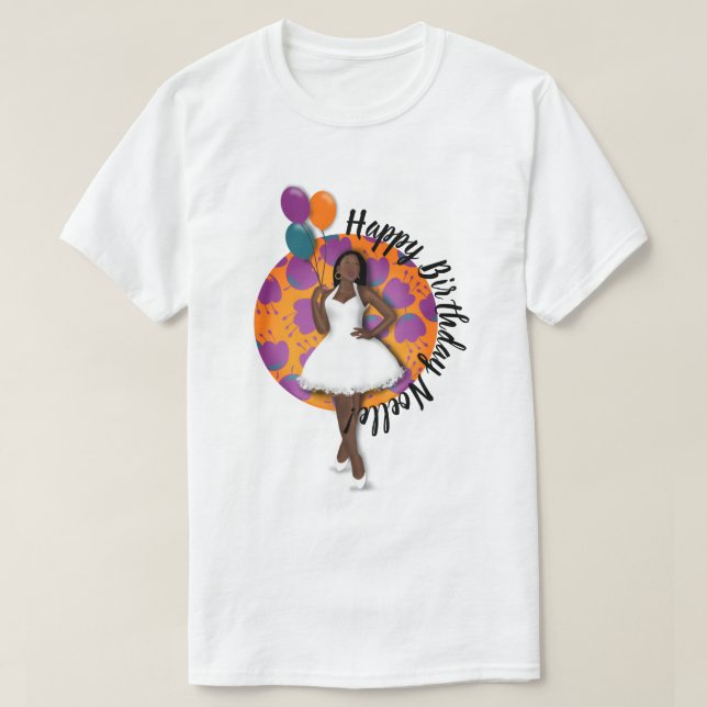 T-shirt Joyeux anniversaire ! Femme noire, Ballons & Fleur (Design devant)