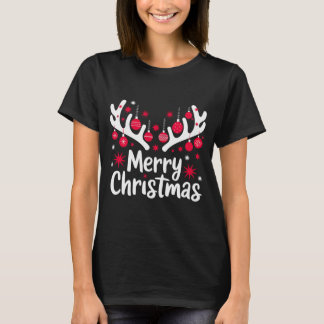 T-shirt Joyeux Antlers de rennes de Noël avec ornements -