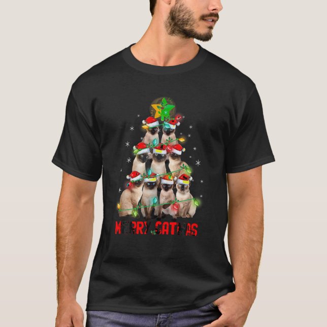 T-shirt Joyeux Catmas Père Noël Siamese Chats Noël Arbre L (Devant)