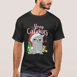 T-shirt Joyeux Catmas Santa Chapeau Grey Chat Drôle Noël M