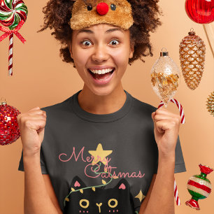 T-shirt Joyeux catsmas : Chat noir avec lumières de Noël