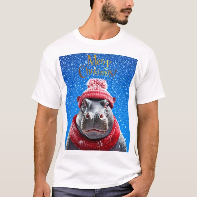 T-shirt Joyeux chapeau et foulard de Noël Hippo (Devant)