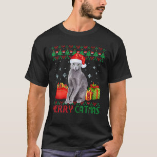 T-shirt Joyeux chat Catmas Vilain Noël Bleu Jeu Russe