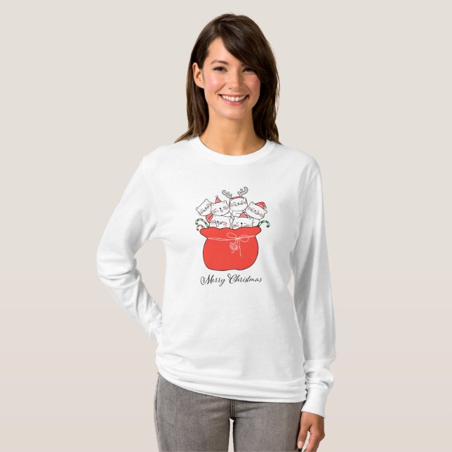 T-shirt Joyeux Chats De Noël Dans Le Sacoche De Père Noël  (Devant entier)