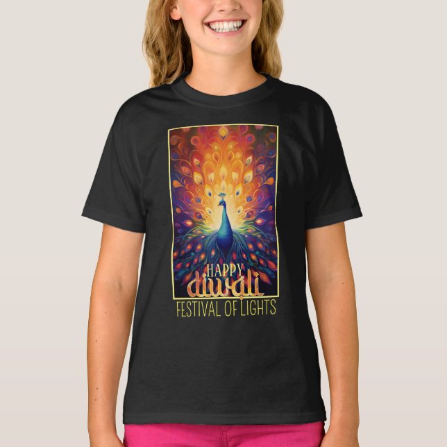 T-shirt Joyeux Diwali Vibrant Peacock Festival des lumière (Devant)