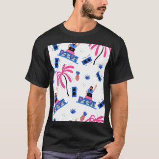 T-shirt Joyeux DJ, motif de plage tropical.