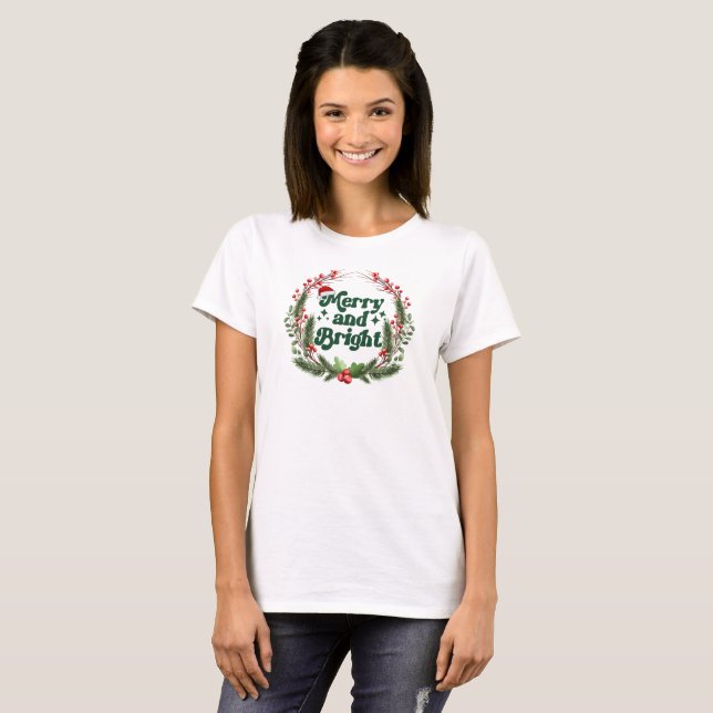T-shirt Joyeux et brillant rouge blanc vert doux Noël (Devant entier)