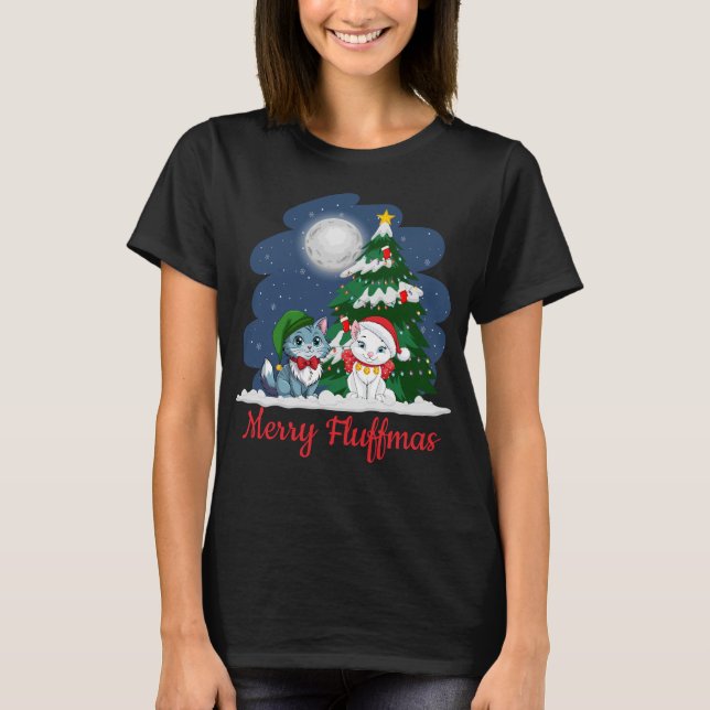 T-shirt Joyeux Fluffmas Cute Chat Noël (Devant)