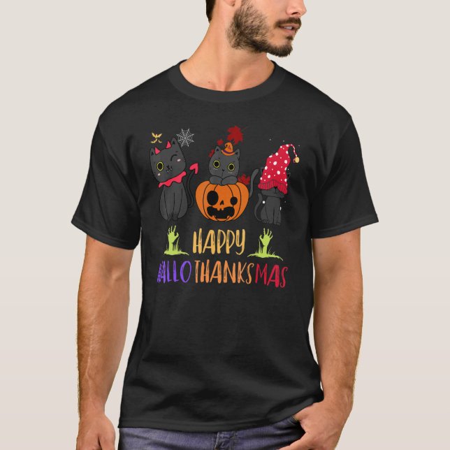 T-shirt Joyeux Hallothanksmas Chat Vampire Santa Hat Citro (Devant)
