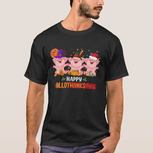 T-shirt Joyeux Hallothanksmas Pig Lover Halloween Thanksgi (Devant)