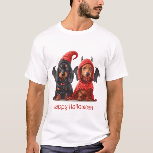 T-shirt Joyeux Halloween Dachshund Chiens Devil Bat (Devant)