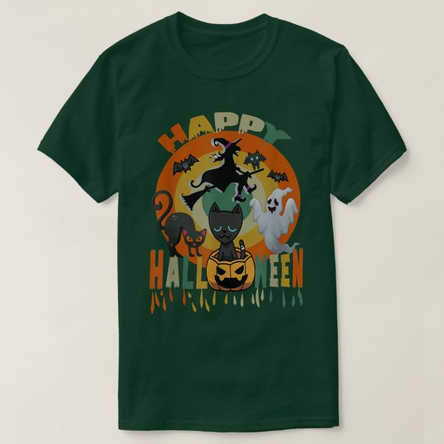 T-shirt Joyeux Halloween drôle Chat noir Citrouille sorciè (Design devant)